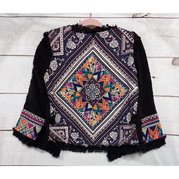 Billabong Women's SM 100% Cotton Brown Tribal Color Geometric Fringe Jacket - Picture 2 of 7